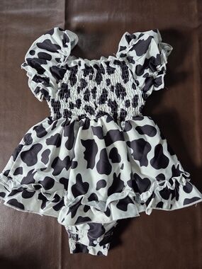 Black and White Cow Print Smocked Baby Dress Romper